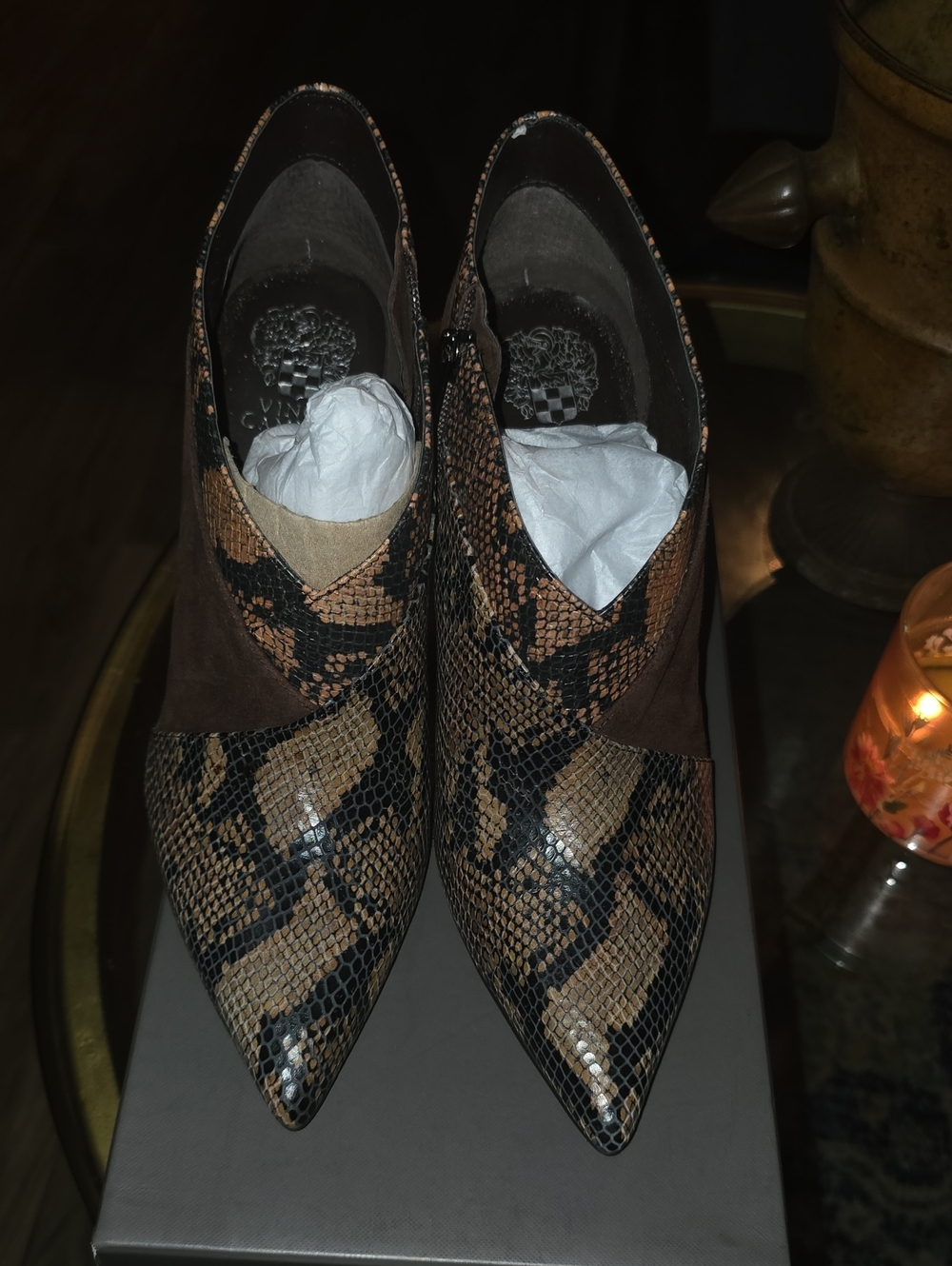 Vince Camuto Brown & Black Snake-Print Pointed Toe Ankle Boots